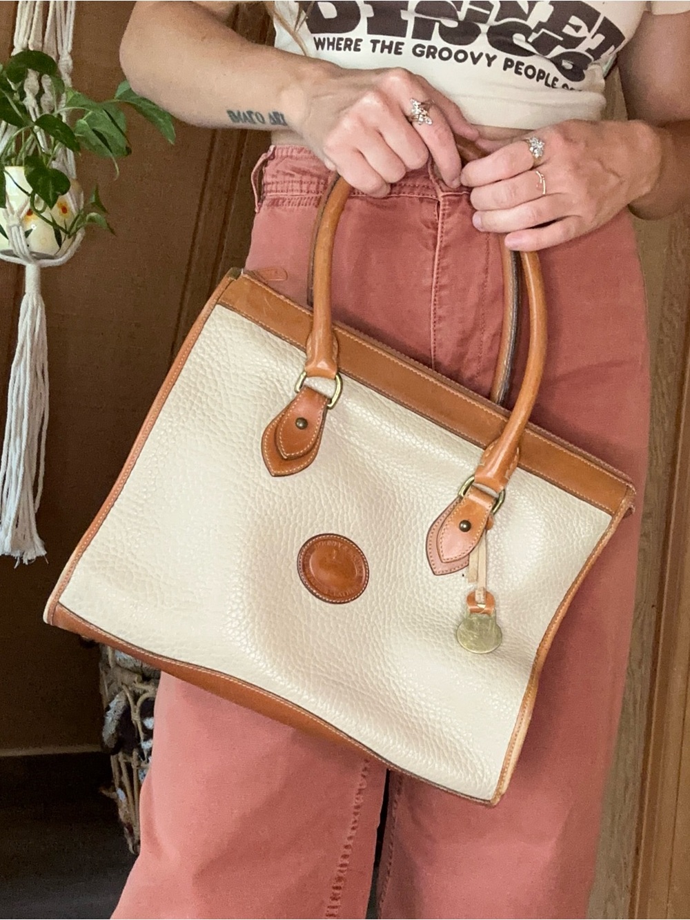 Vintage Dooney & Bourke Cream Pebbled Genuine Leather Tote with Tan Trim